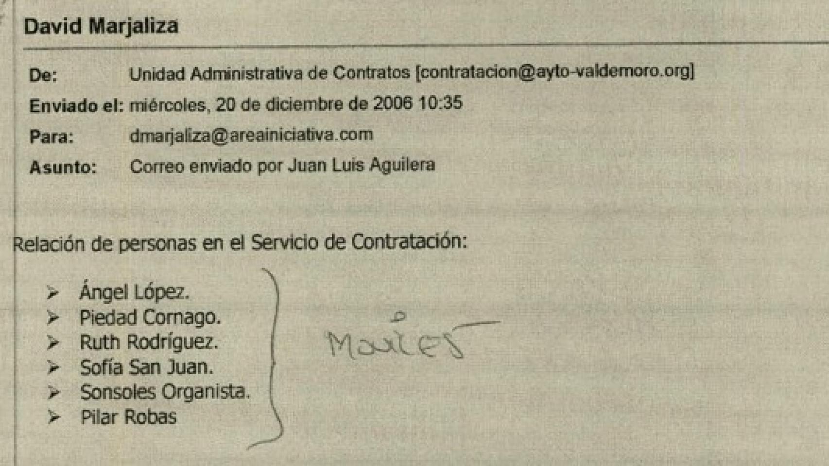 Correo remitido desde el departamento de Contratación de Valdemoro.