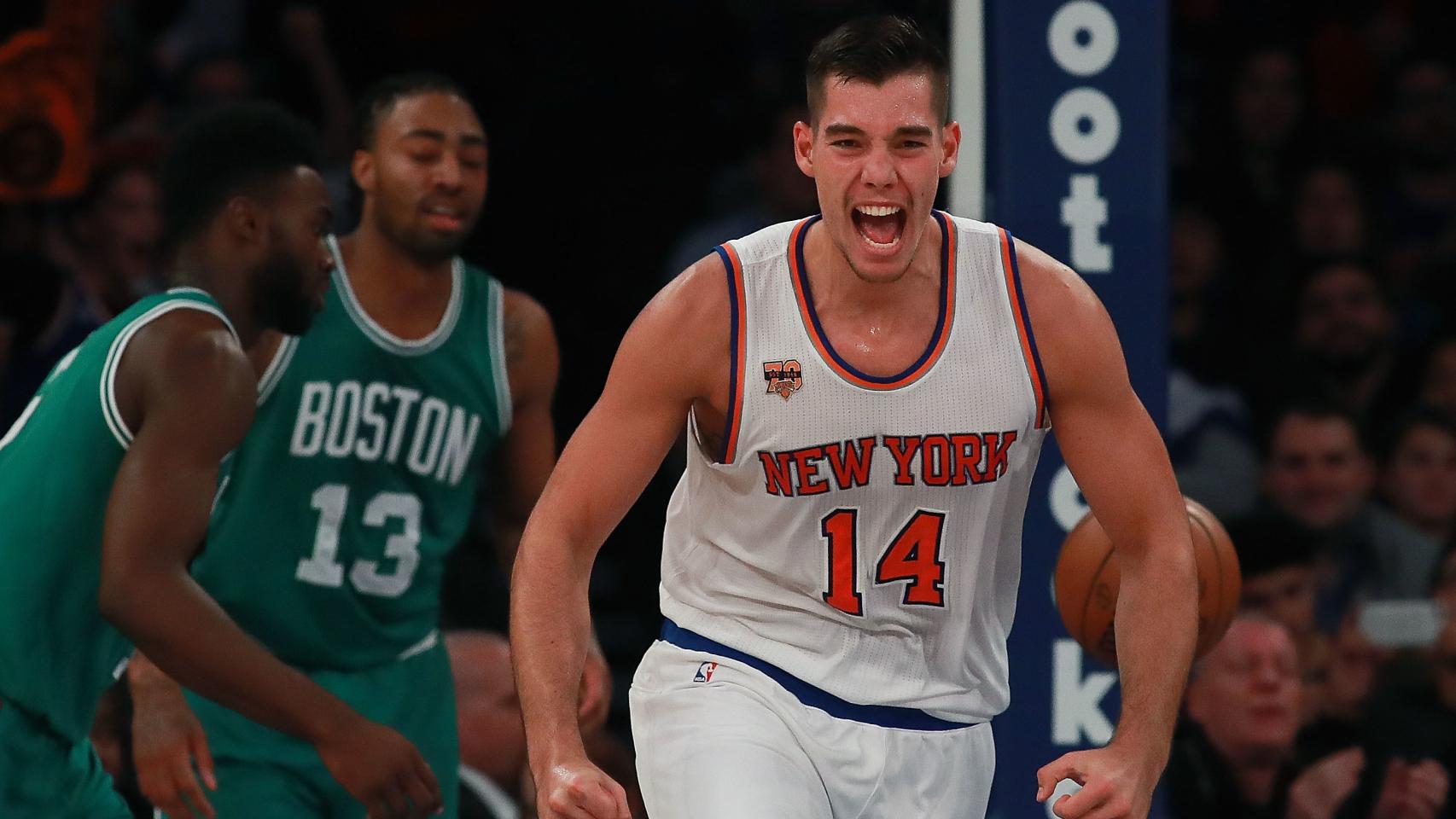 Willy Hernangómez celebra una canasta contra los Boston Celtics.