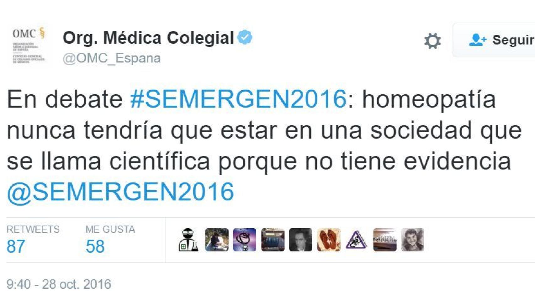 Un tuit de la Organización Médica Colegial.