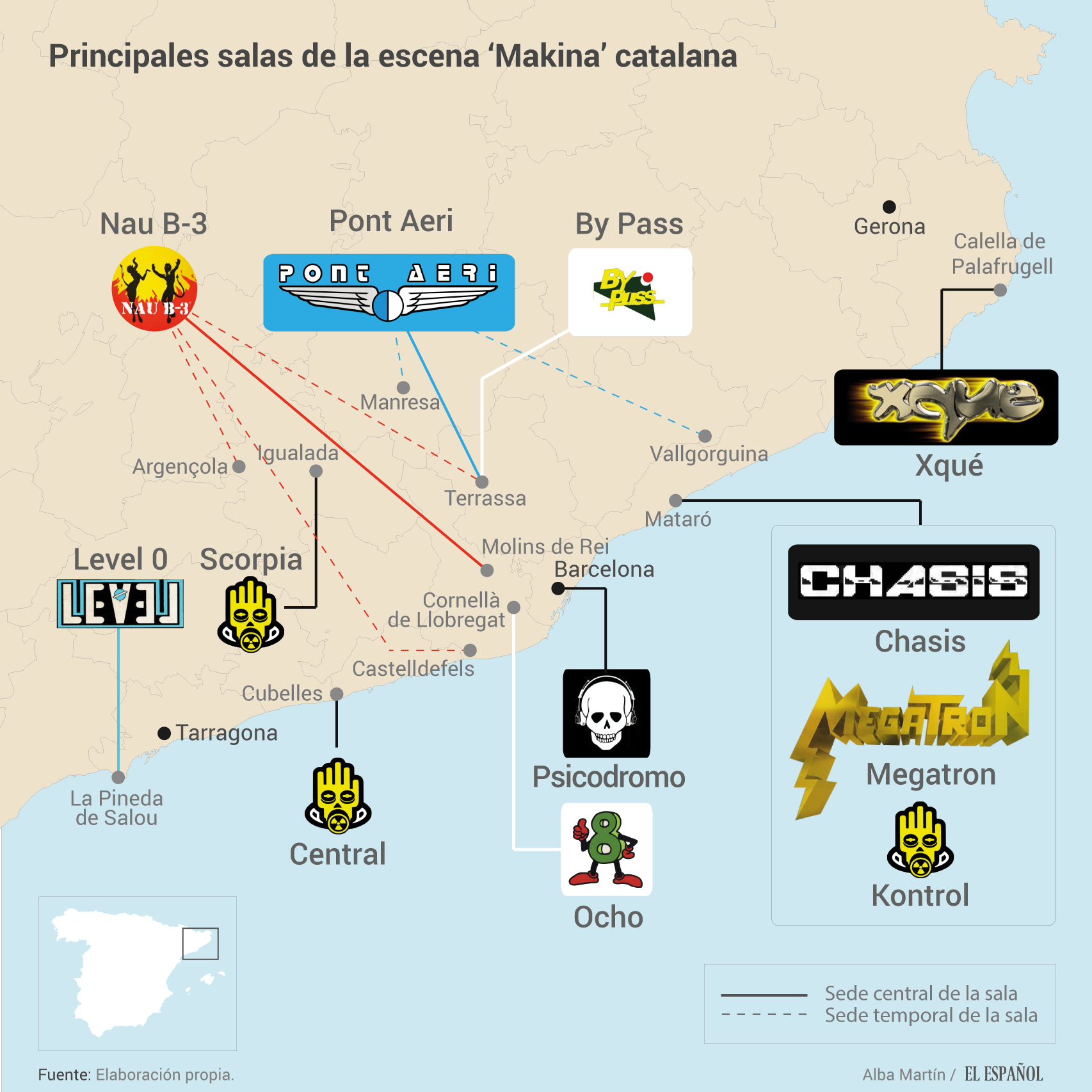 Mapa de las principales salas de la escena makina en Cataluña. Algunas, como Pont Aeri o Nau B3, tuvieron varias ubicaciones. Otras, como Scorpia, abrieron otras discotecas con el mismo logo.