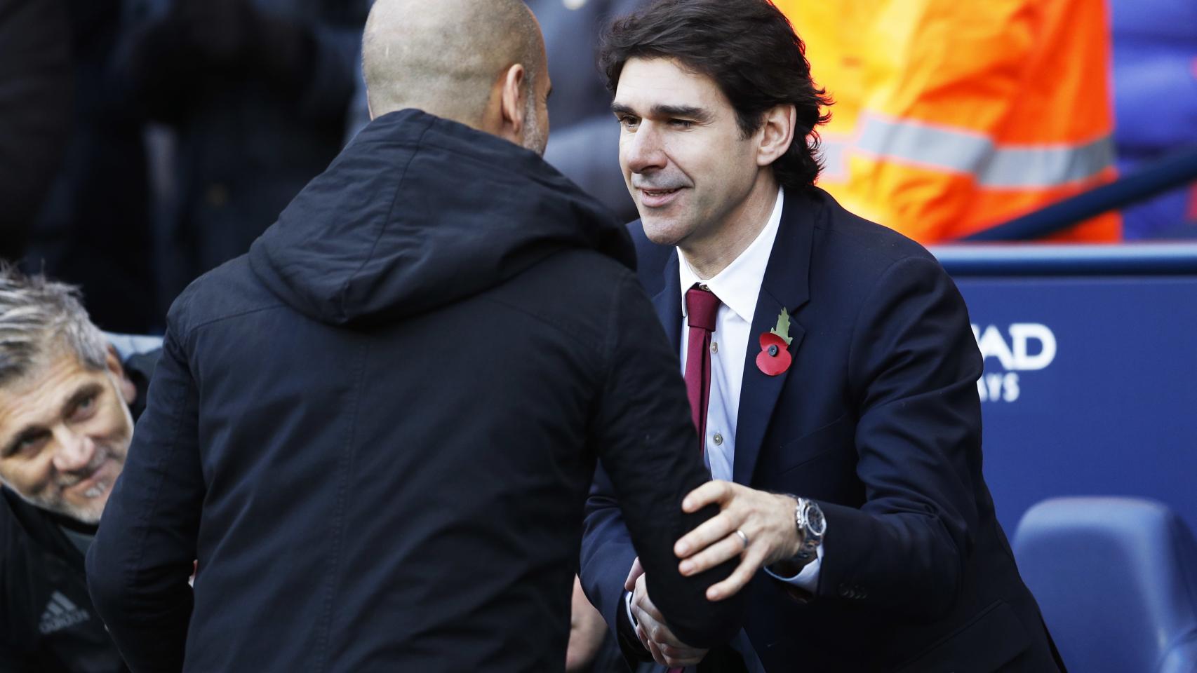 Aitor Karanka y Pep Guardiola antes del City-Middlesbrough.-