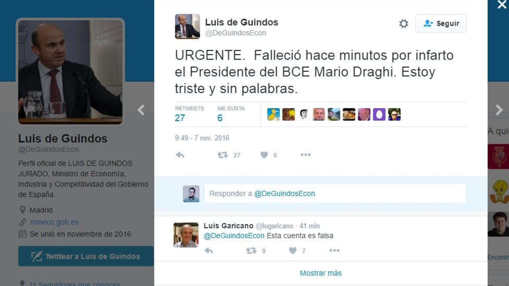 El tuit del falso Guindos que mató a Draghi.