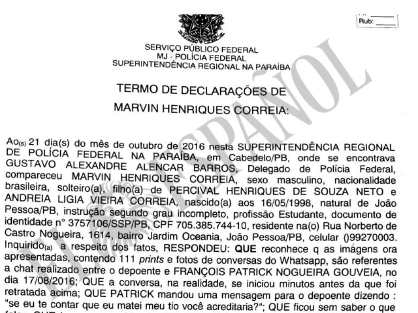 Fragmento de la declaración de Marvin ante la Policía Federal brasileña