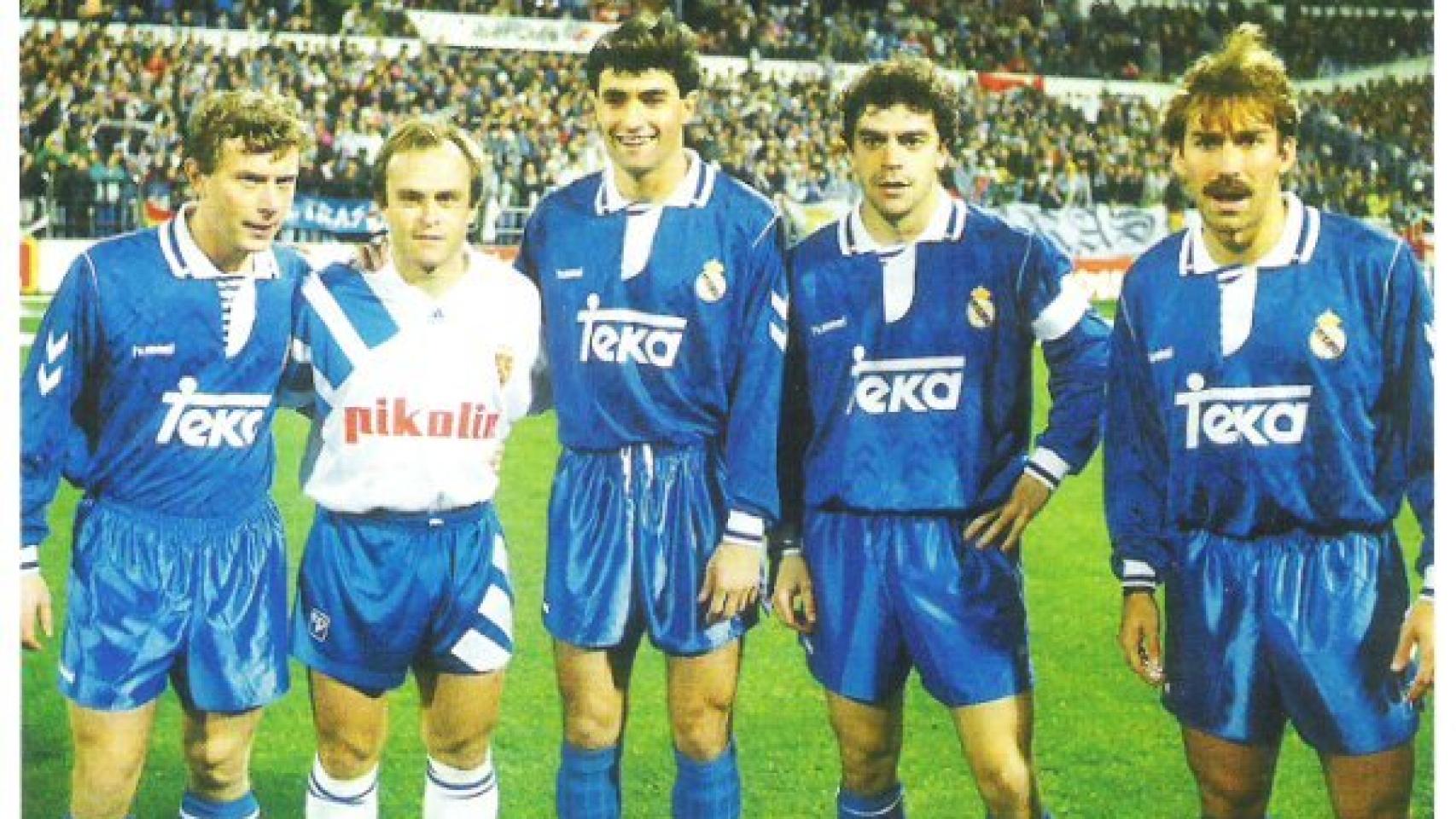 La Quinta del Buitre. De izquierda a derecha: Butragueño, Pardeza, Míchel, Sanchís y Martín Vázquez