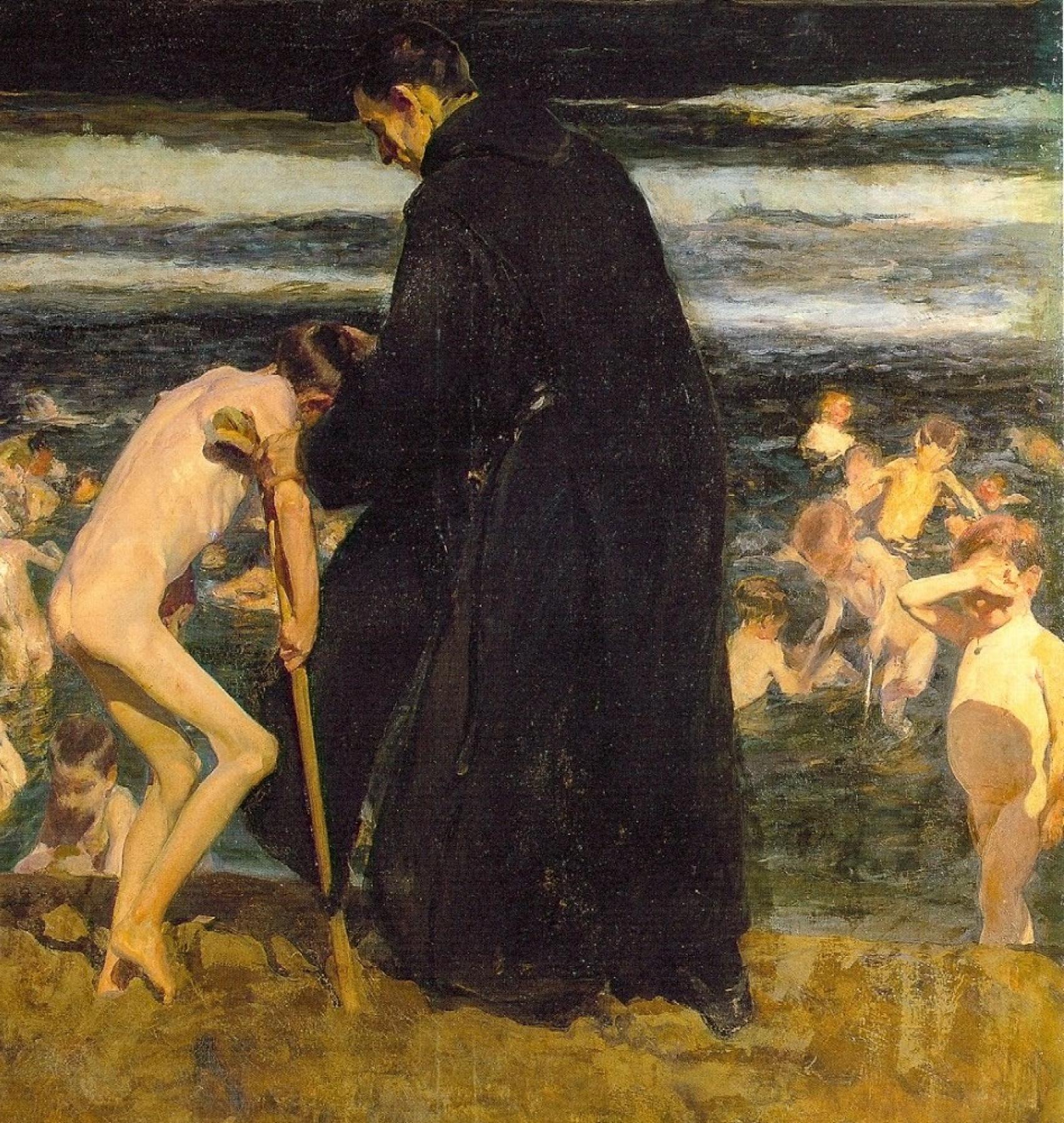 Fragmento de ¡Triste herencia!, con la sombra de Sorolla sobre el niño de la derecha.