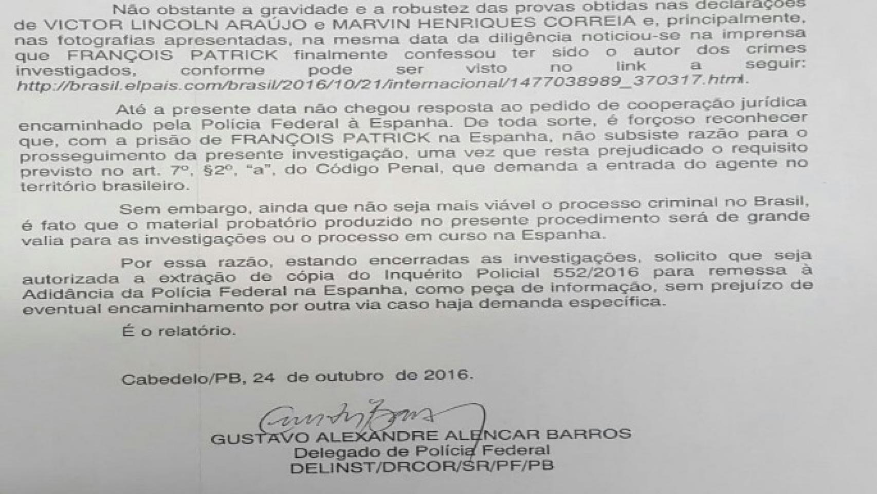 El escrito de la Policía Brasileña que acredita el interrogatorio a Víctor.