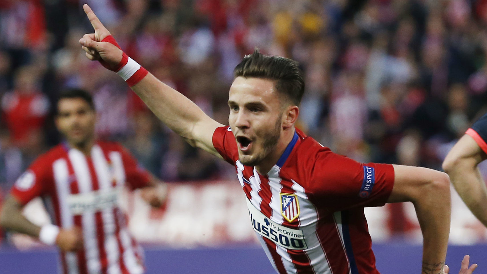 Saúl celebra su gol contra el Bayern en las semifinales.