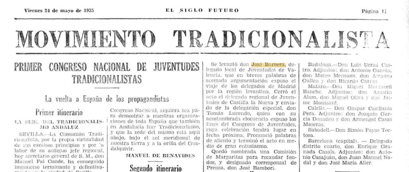 El Siglo Futuro se hizo eco de la labor de José Barberá como delegado local de las Juventudes Tradicionalistas en Valencia.