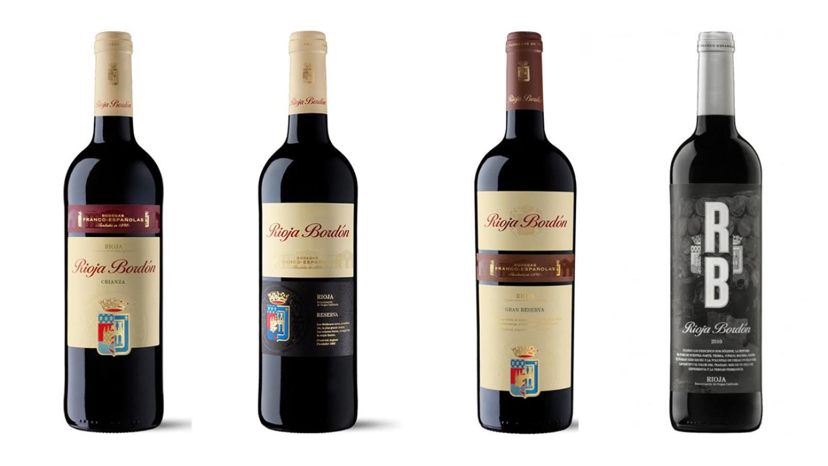 La gama de Rioja Bordón: crianza, reserva y Gran Reserva, y la versión RB Selección ( etiqueta negra).