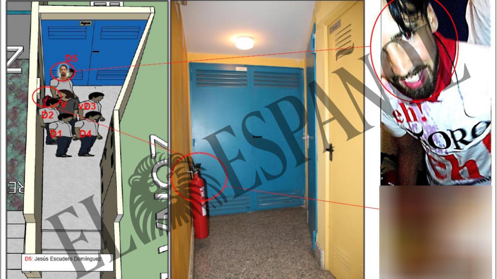 Croquis del portal de Pamplona: a la izquierda, posiciones de los jóvenes sevillanos y la joven denunciante según el informe pericial de los vídeos; a la derecha, detalle de uno de ellos, Jesús Escudero.