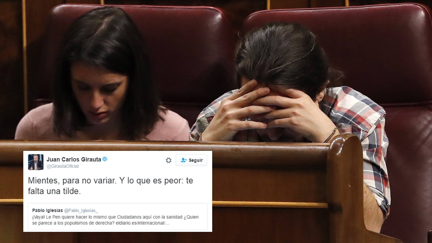 Pablo Iglesias e Irene Montero en la Sesión de Control. Abajo, el tuit de Juan Carlos Girauta.