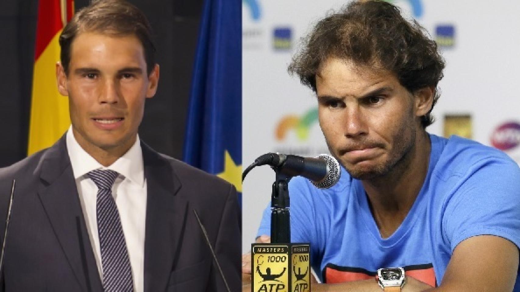 Rafa Nadal, este miércoles (izda) y durante una rueda de prensa hace unos meses (dcha).