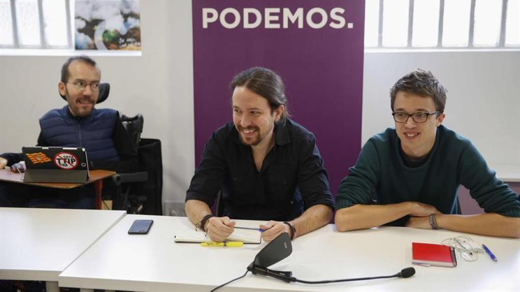 Pablo Echenique, Pablo Iglesias e Íñigo Errejón, este sábado en Madrid.