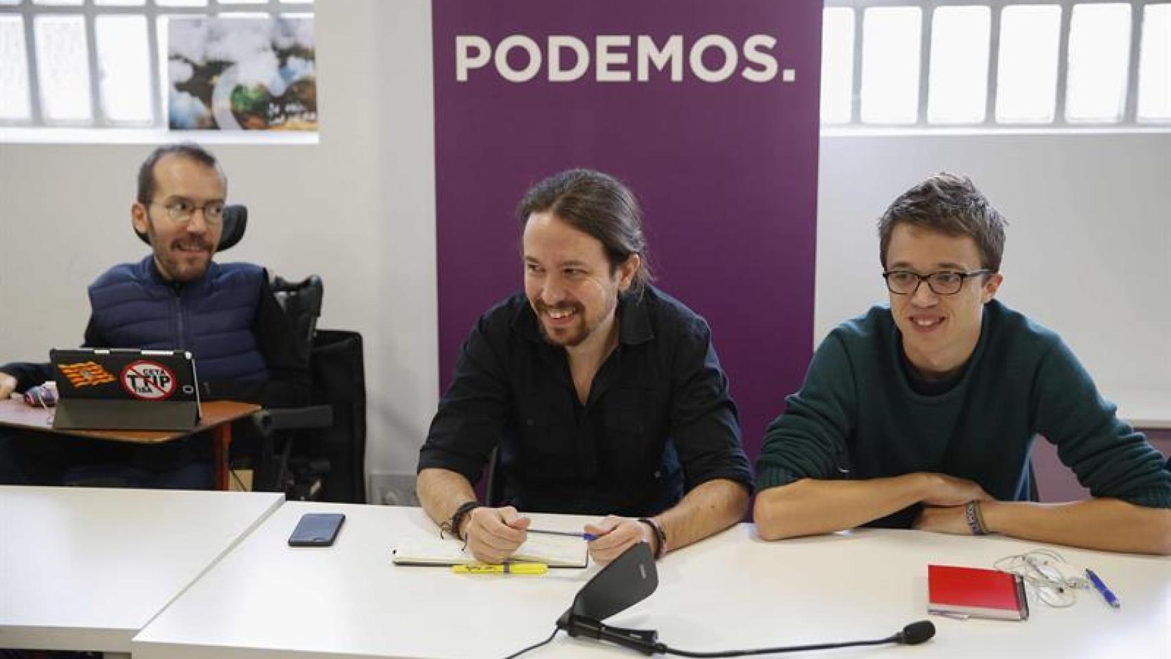 Pablo Echenique, Pablo Iglesias e Íñigo Errejón, este sábado en Madrid.