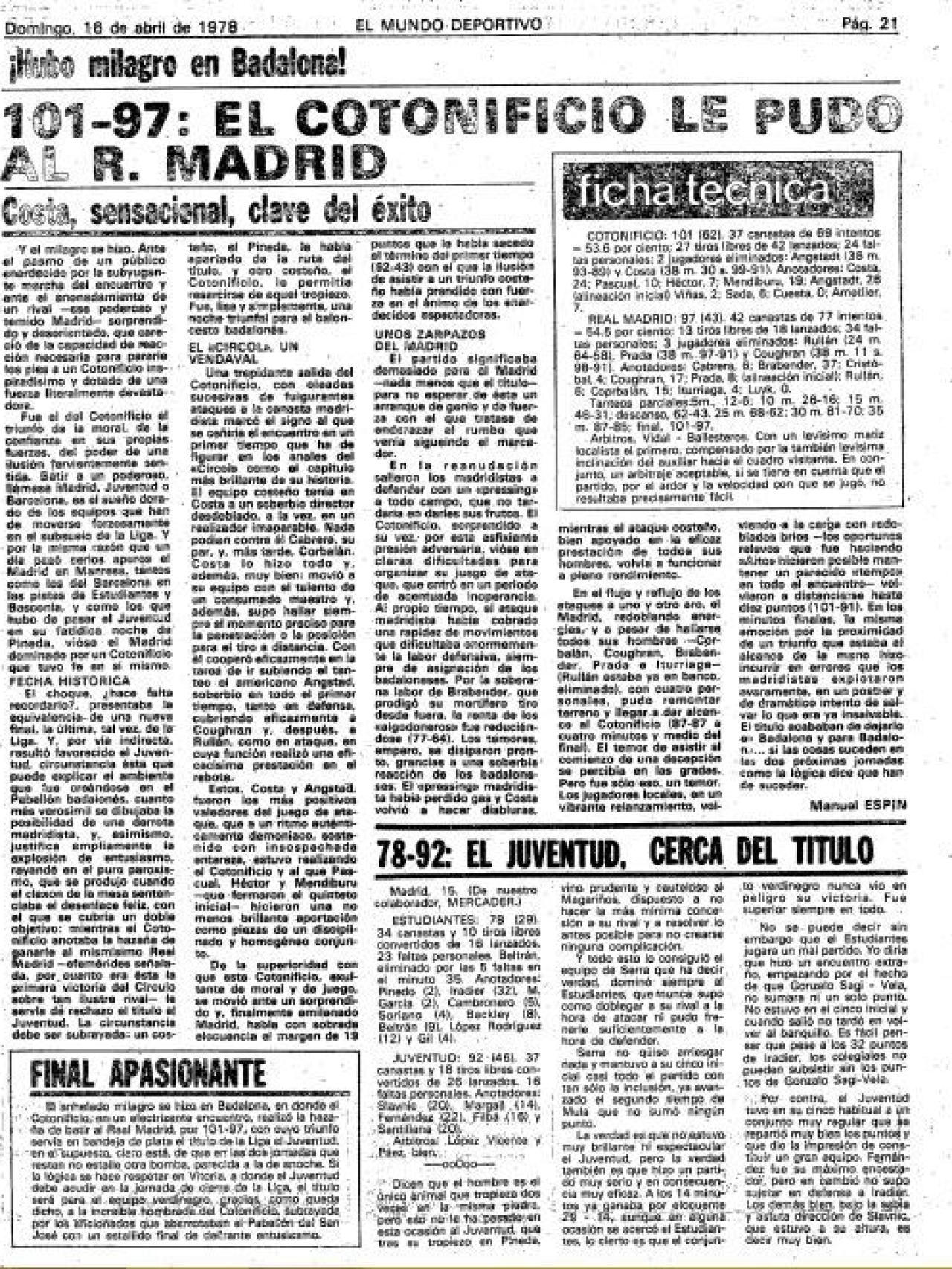 Crónica de aquel Cotonificio-Real Madrid en Mundo Deportivo.