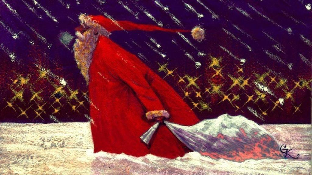 Arrastrar un saco lleno de regalos es una carga para cualquier anciano.