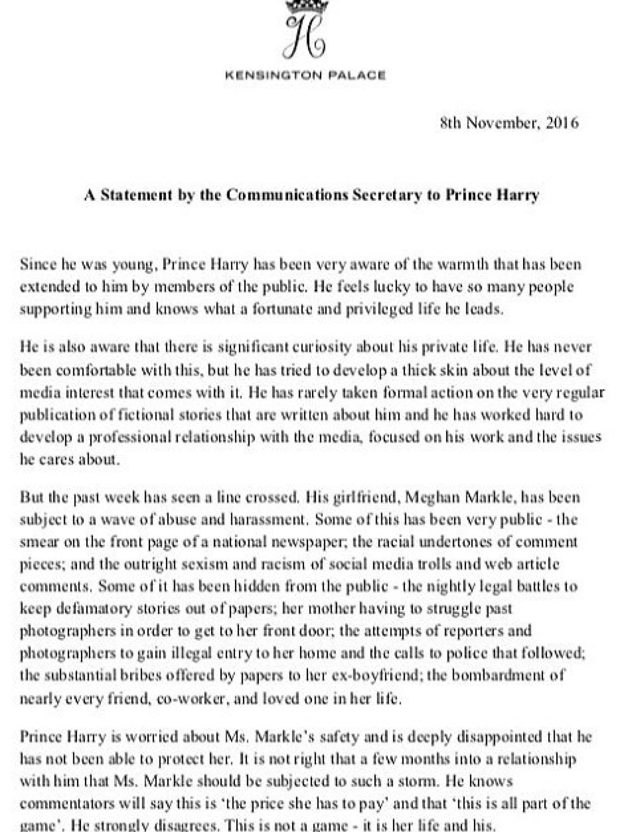 Comunicado público del príncipe Harry sobre su novia