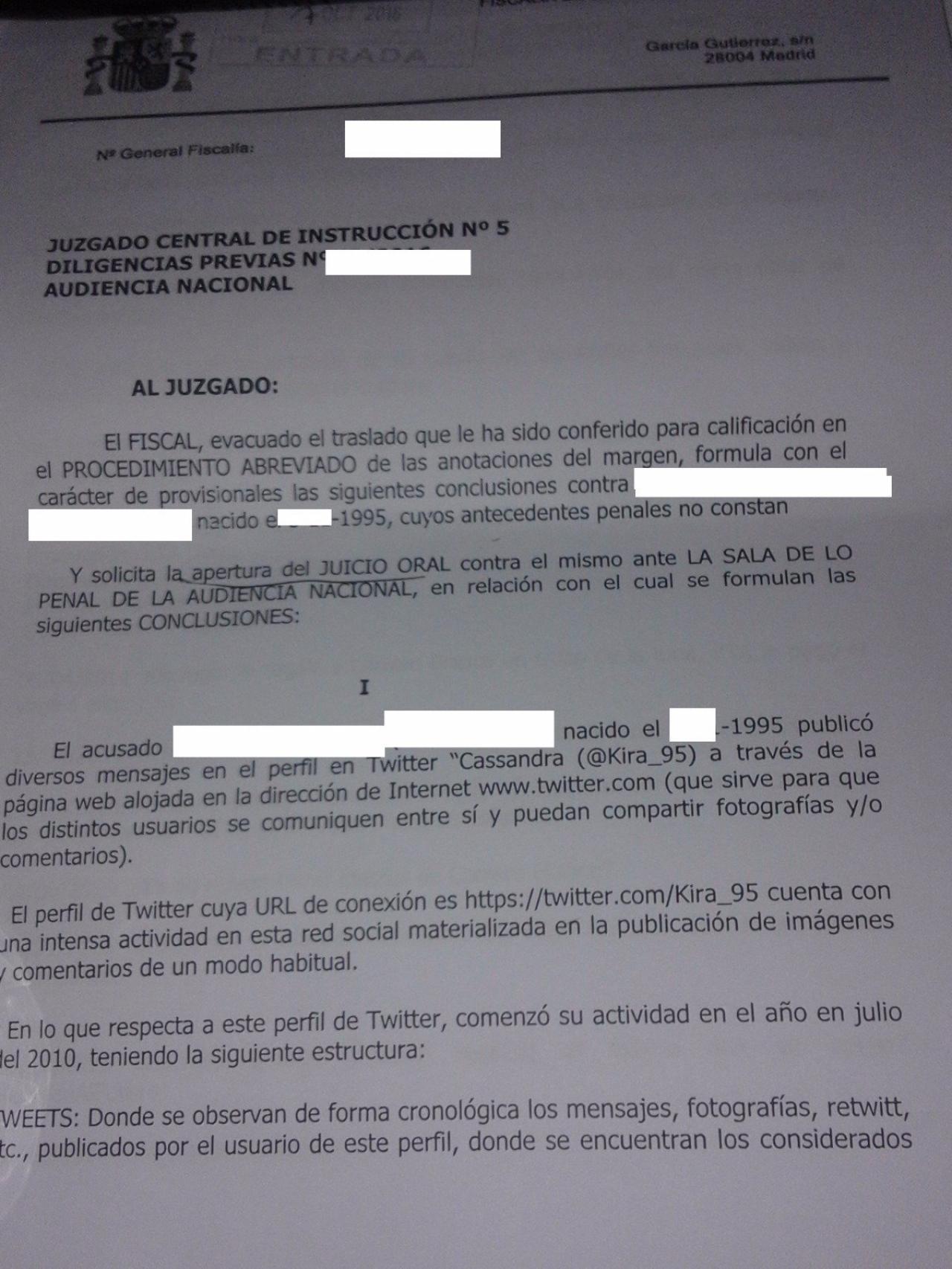 Primera página de la denuncia de la Fiscalía contra Cassandra.