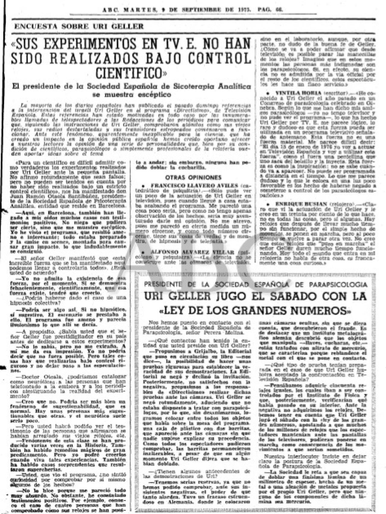 En ABC, el 9 de septiembre de 1975, dudaban de la veracidad de los experimentos de Geler.