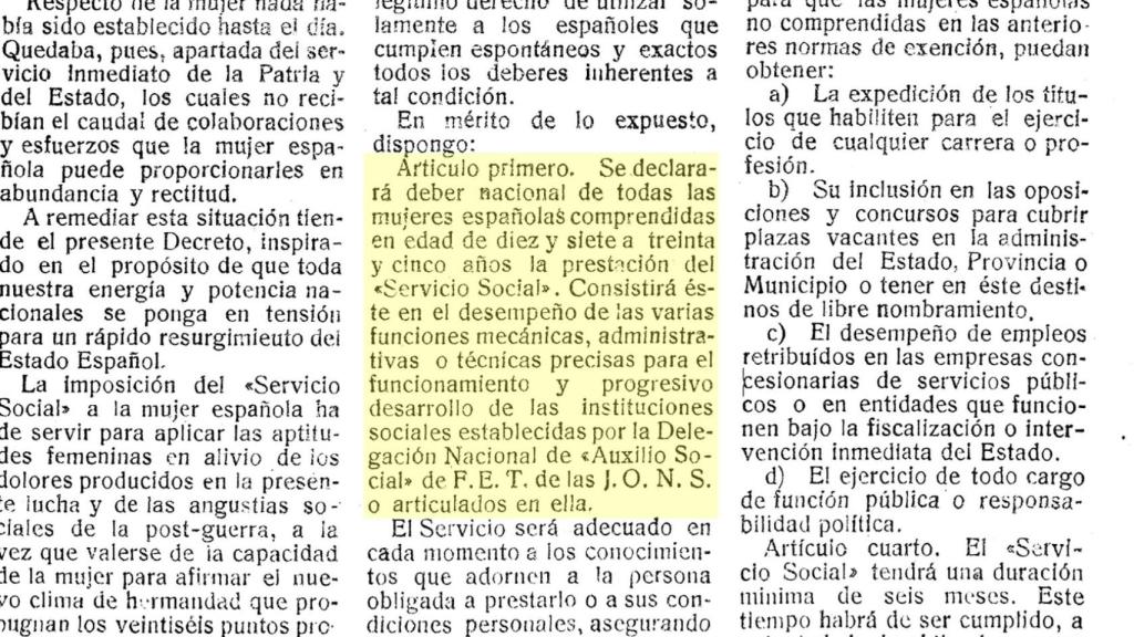 Extracto del BOE por el que se aprobó el Servicio Social de las mujeres.