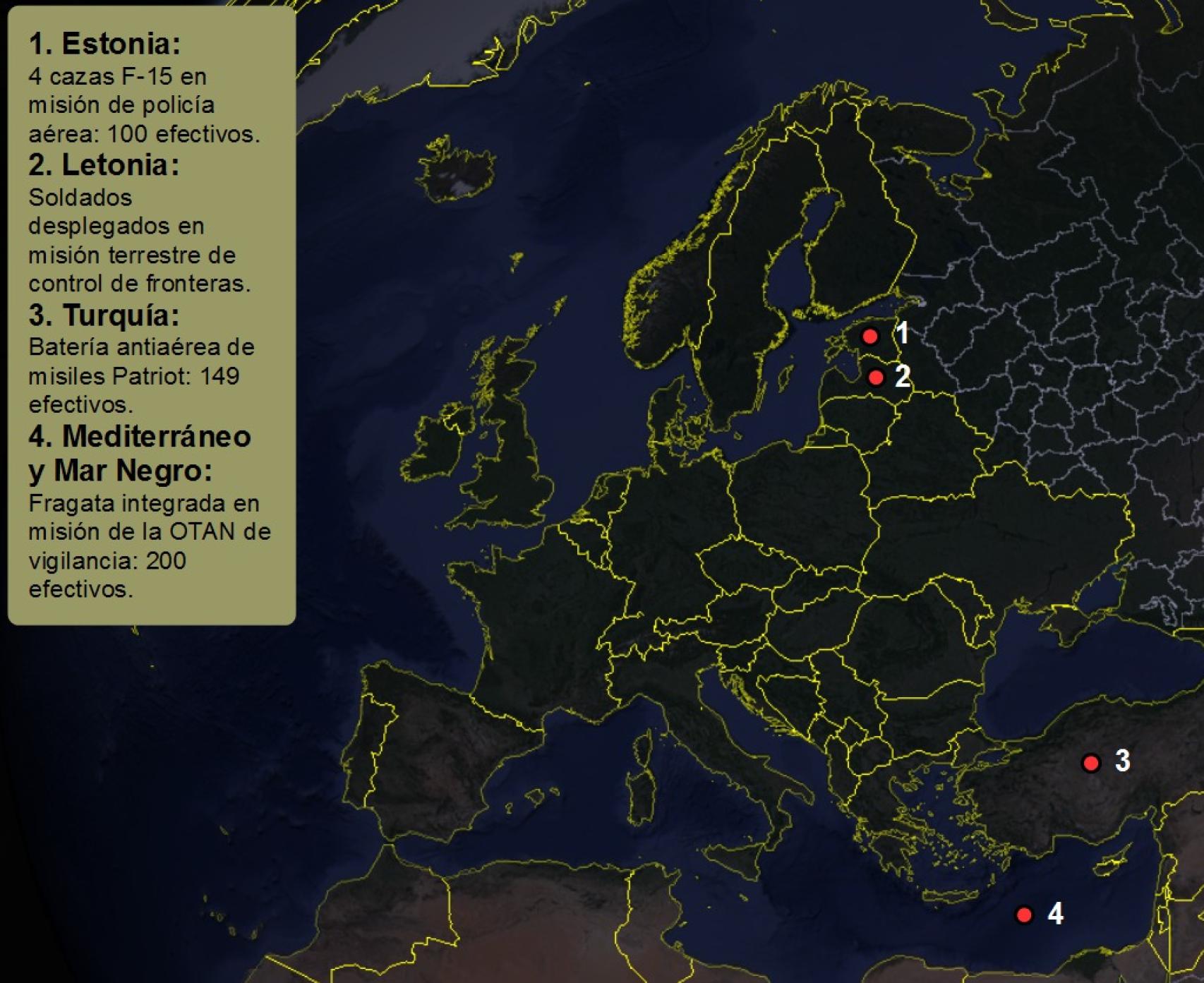 Mapa del despliegue de las tropas españolas que controlan los movimientos de Rusia.