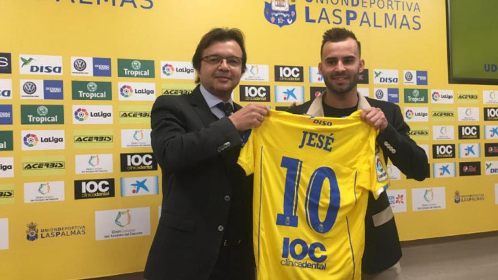 Jesé Rodríguez en su presentación con la UD Las Palmas. Foto: Twitter (@UDLP_Oficial)