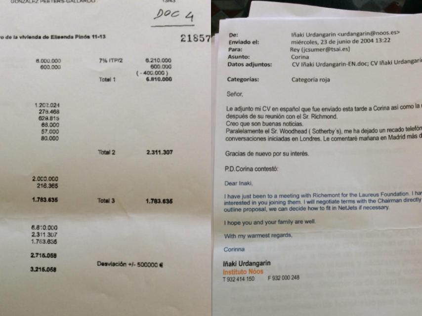 (A la izquierda) Un correo en el que Urdangarin ordenó enviar este desglose a Federico Rubio Carvajal, asesor  fiscal de la familia real. (Derecha) El rey es informado por Iñaki del correo que previamente le ha enviado a Corinna.