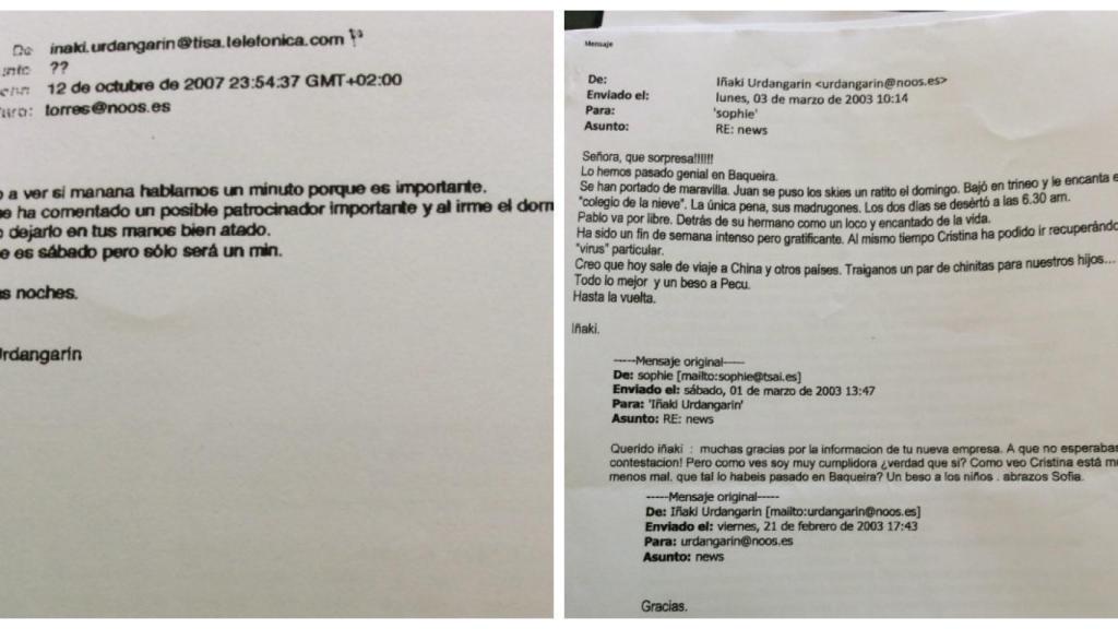 Urdangarin hablaba con su socio  habitualmente (izquierda) acerca del rey Juan Carlos. Su relación con la familia real era muy cordial, como se ve en este mail (derecha) que se intercambia con la reina Sofía.