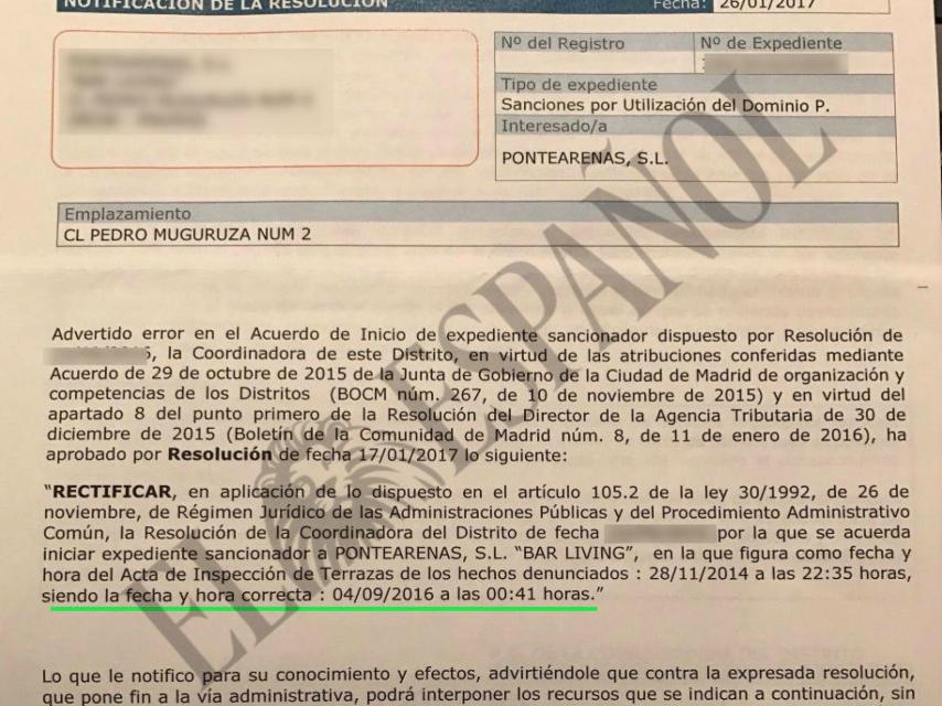 Notificación de una resolución con la modificación de horario.