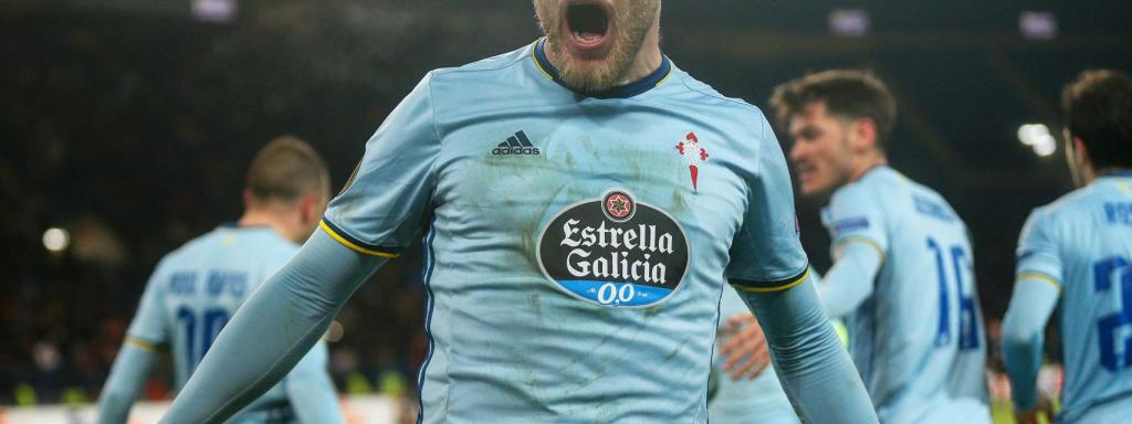 Guidetti celebra uno de los goles del Celta en Ucrania.
