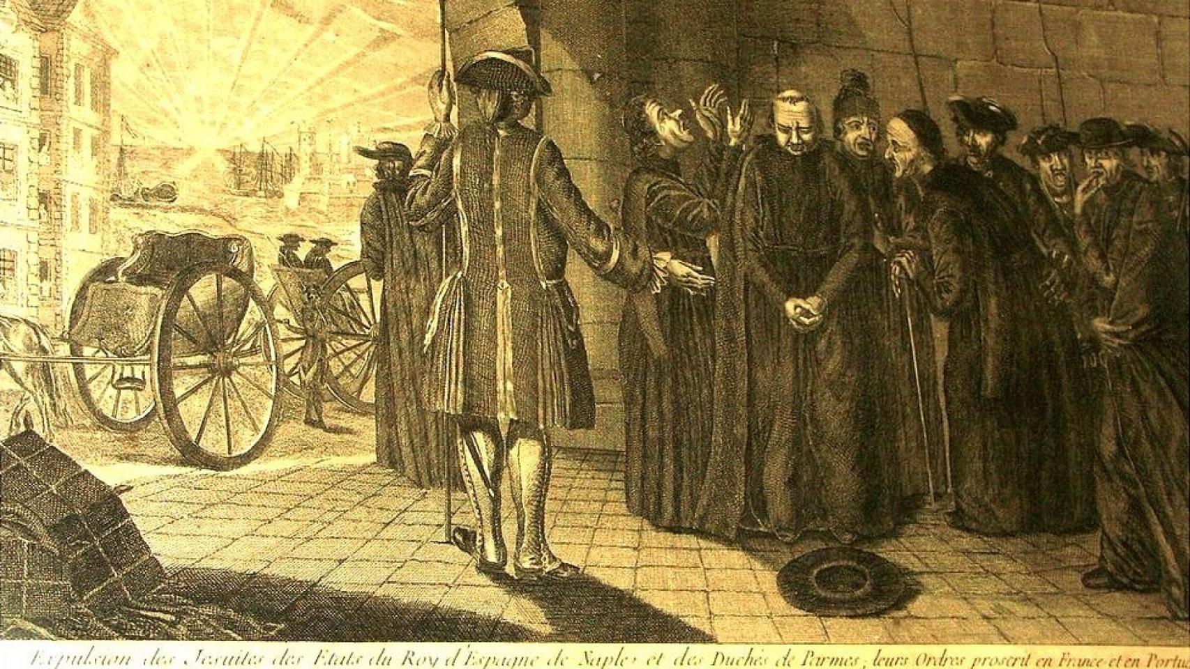 Expulsión y embarque de los jesuitas de los estados de España, por orden de Su Majestad Católica el 31 de marzo de 1767, grabado francés.