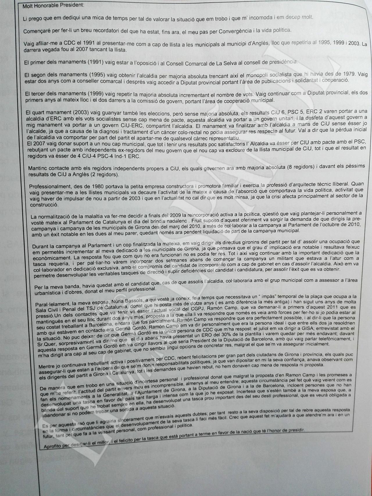 Carta escrita por Josep Manuel Bassols dirigida a Artur Mas.