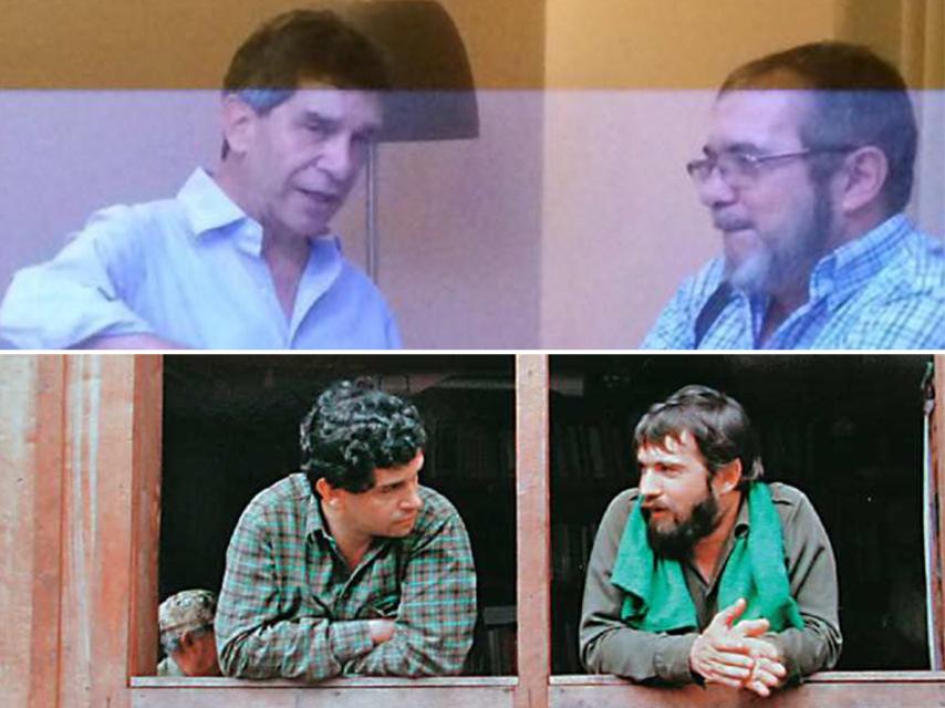 Arriba, una fotografía de Pardo y Timochenko tomada en La Habana el año pasado. Abajo, otra imagen de ambos en un diálogo con el grupo guerrillero en 1989.