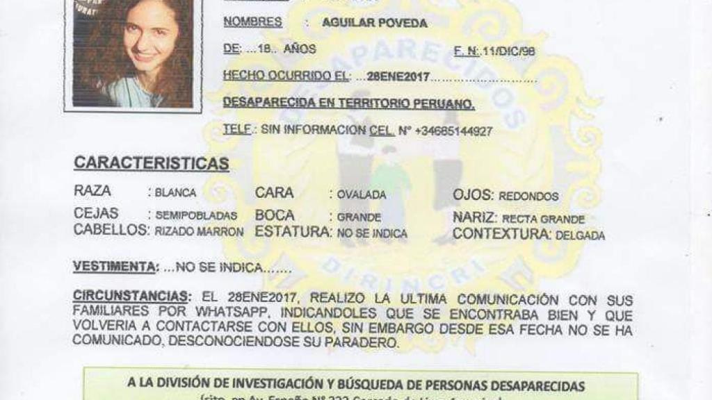 La alerta de búsqueda de la policía peruana sobre Patricia Aguilar.