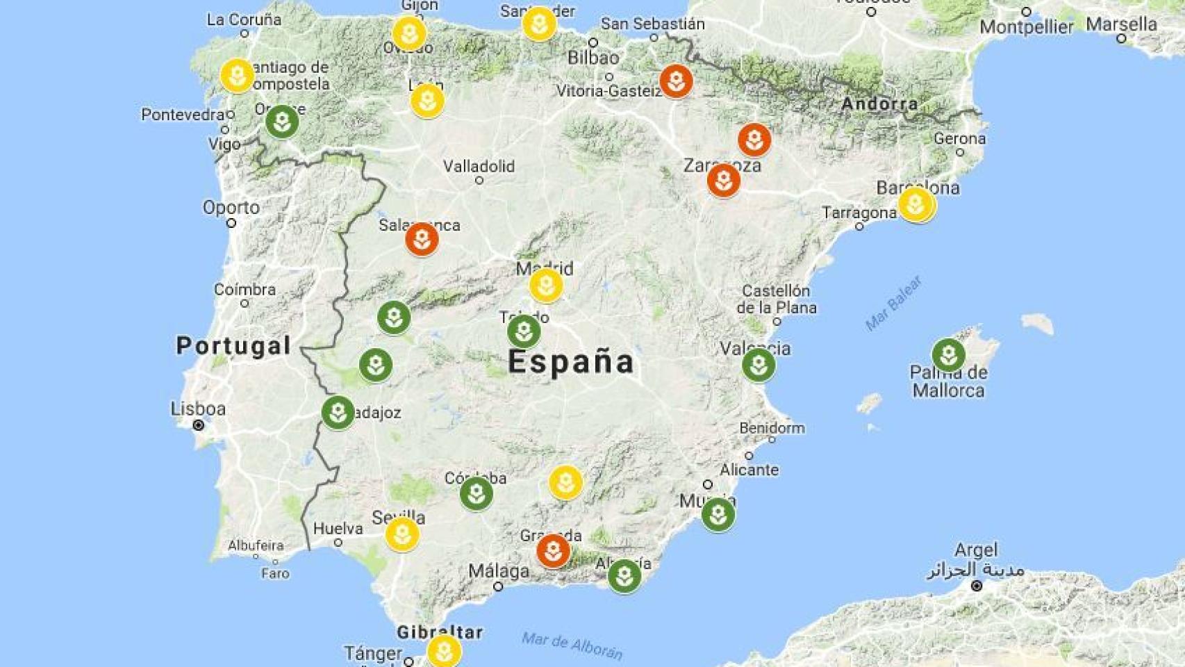 Ubicación de los parques en función del nivel de alergia.