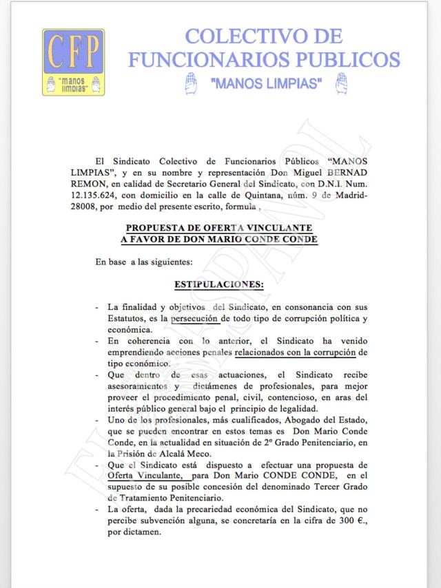 Escrito firmado por Miguel Bernad con una oferta de trabajo para Mario Conde