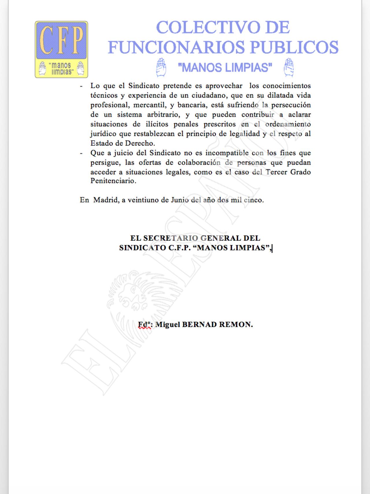 Escrito firmado por Miguel Bernad con una oferta a Mario Conde