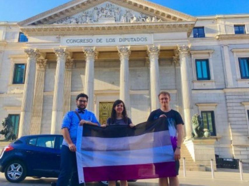 Alex junto con compañeros de ACE luciendo la bandera asexual en la puerta del Congreso.