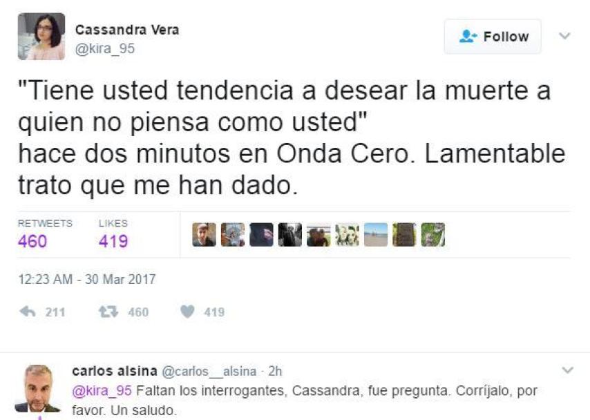 El intercambio antes de que Cassandra borrase el primer tuit.
