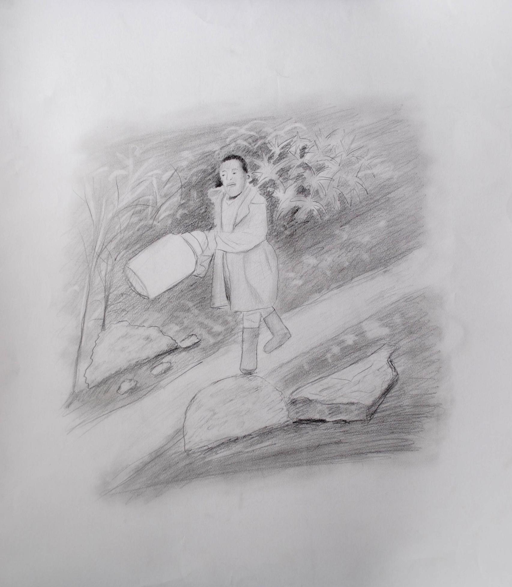 'La subsistencia'. Los migrantes salen de los bosques en busca de comida y con las garrafas que llenan de agua para la comunidad.