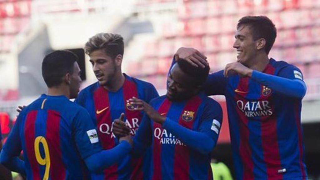 El Barça B celebrando un gol en el partido amañado ante el Eldense. Foto:fcbarcelona.es