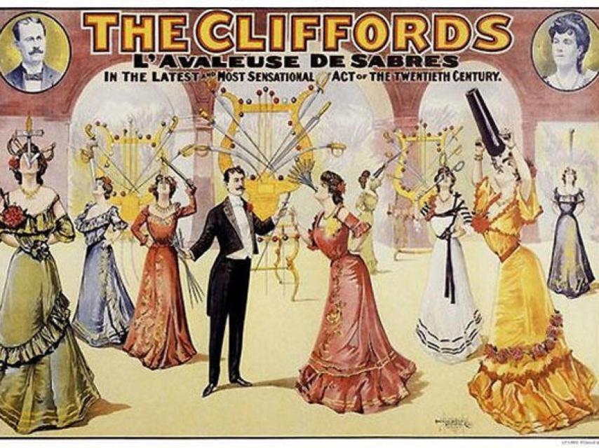 Cartel del espectáculo de _Los Cliffords (Sword Swallowers’ Association International).