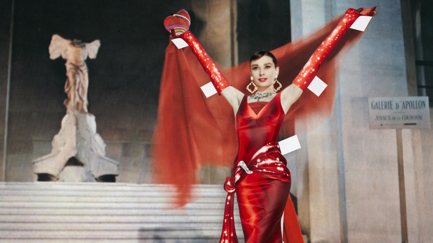 Audrey Hepburn en Una carita con ángel de Moschino | Collage de Benjamin Seidler.