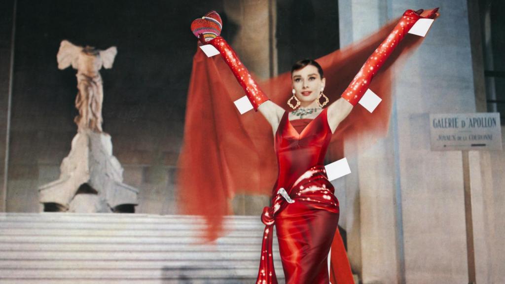 Audrey Hepburn en Una carita con ángel de Moschino | Collage de Benjamin Seidler.