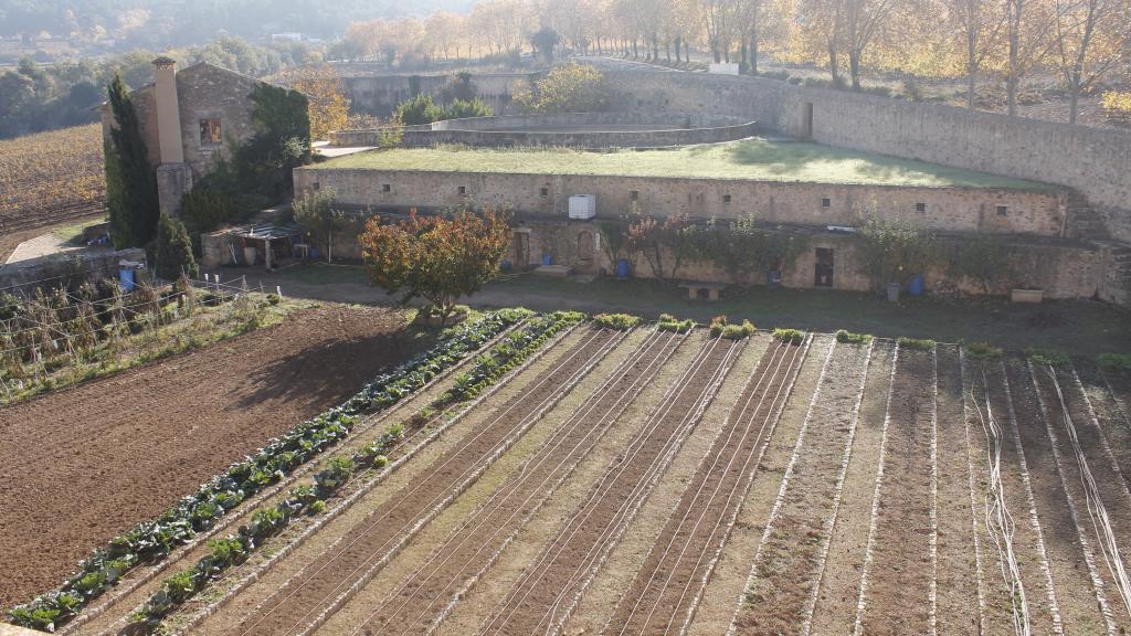 Los parterres del huerto ecológico en que trabaja Fray Borja, con el depósito de agua detrás.