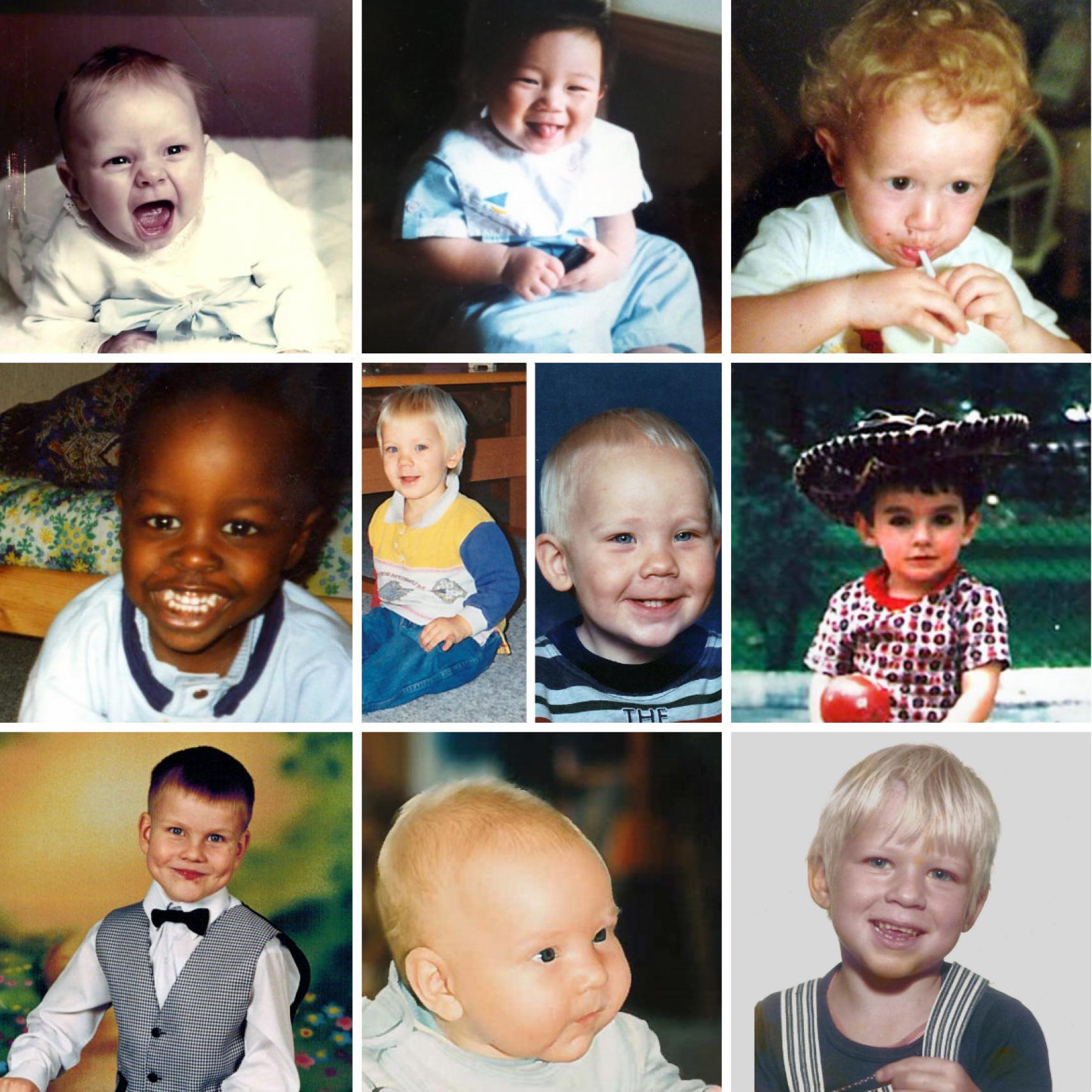 Nueve de los donantes que han facilitado una foto de su infancia al banco de esperma. En Cryos les adjudican un alias y ponen a disposición de los clientes información sobre rasgos físicos, nivel académico y hasta test de inteligencia emocional.