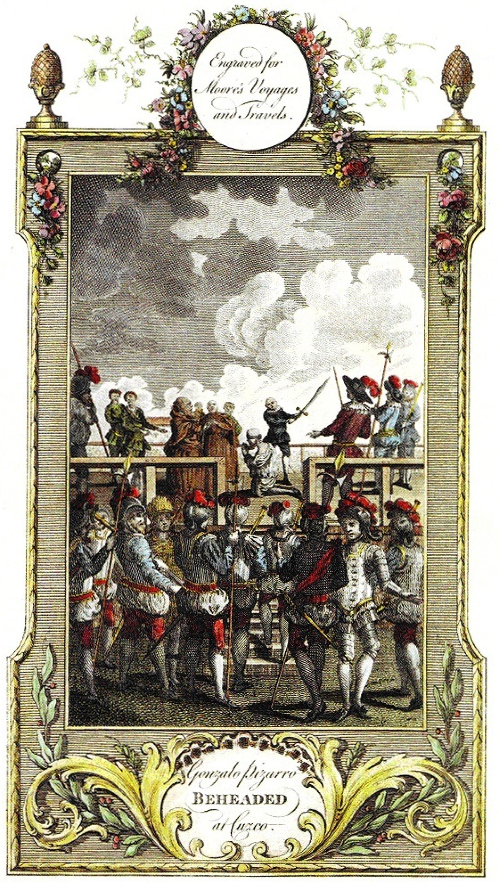 Grabado del siglo XVIII de la decapitación de Gonzalo Pizarro.