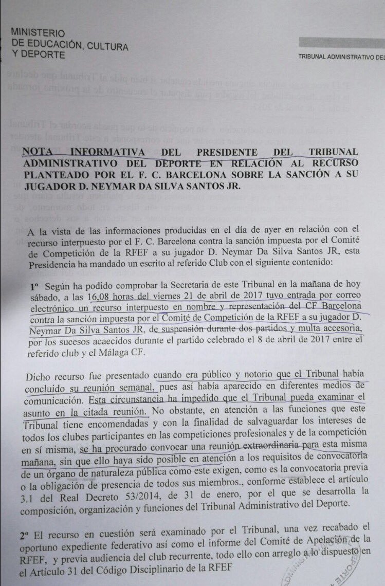 Oficial: Neymar no estará en El Clásico y el TAD avisa al Barça