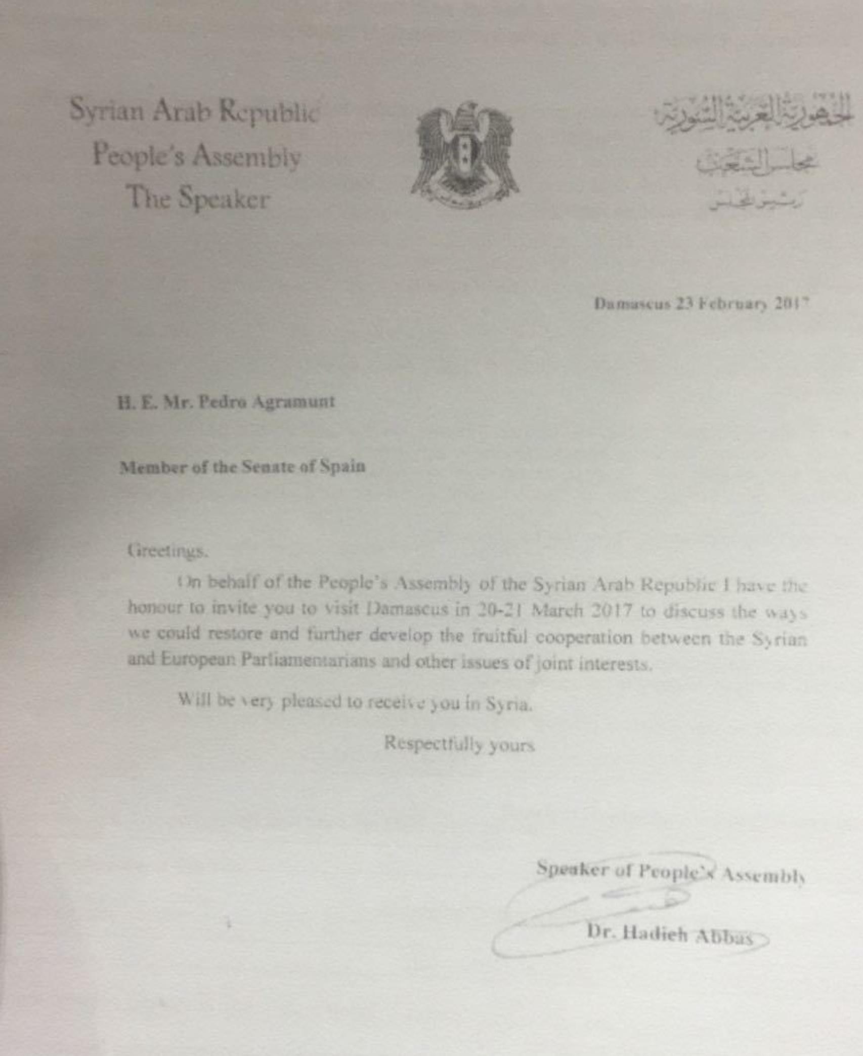 La invitación del régimen sirio recibida por Agramunt.