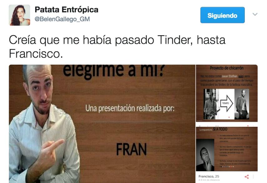 El tuit con el que el perfil de Fran se ha popularizado fuera de Tinder